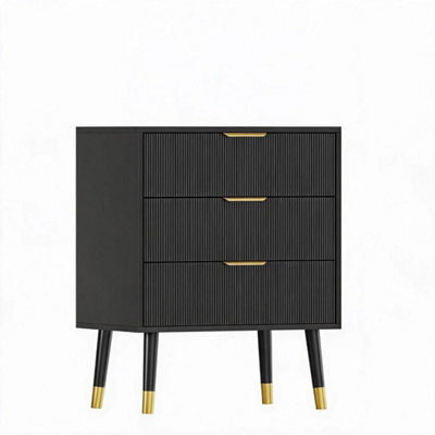 3 Drawer Black Modern Fluted Chest Of Drawers 3 Deep Drawer Storage Cabinet With Gold Handles - image 1