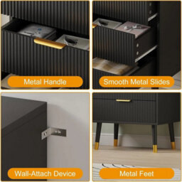 3 Drawer Black Modern Fluted Chest Of Drawers 3 Deep Drawer Storage Cabinet With Gold Handles - thumbnail 4