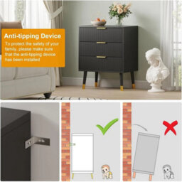3 Drawer Black Modern Fluted Chest Of Drawers 3 Deep Drawer Storage Cabinet With Gold Handles - thumbnail 5