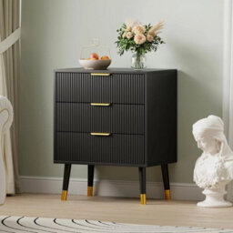 3 Drawer Black Modern Fluted Chest Of Drawers 3 Deep Drawer Storage Cabinet With Gold Handles - thumbnail 3