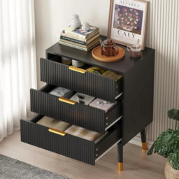 3 Drawer Black Modern Fluted Chest Of Drawers 3 Deep Drawer Storage Cabinet With Gold Handles - thumbnail 6