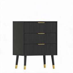 3 Drawer Black Modern Fluted Chest Of Drawers 3 Deep Drawer Storage Cabinet With Gold Handles - thumbnail 1