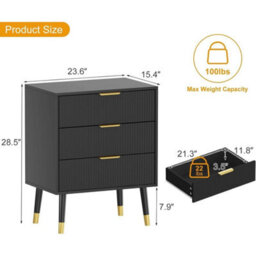 3 Drawer Black Modern Fluted Chest Of Drawers 3 Deep Drawer Storage Cabinet With Gold Handles - thumbnail 2