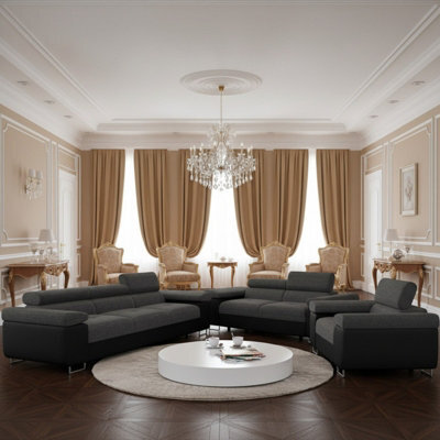 Torezio 3 2 1 Living Room Sofa Set Chipboard Frame Hr Foam Wave Springs Fixed Backs Adjustable Headrests Black And Dark Grey - image 1