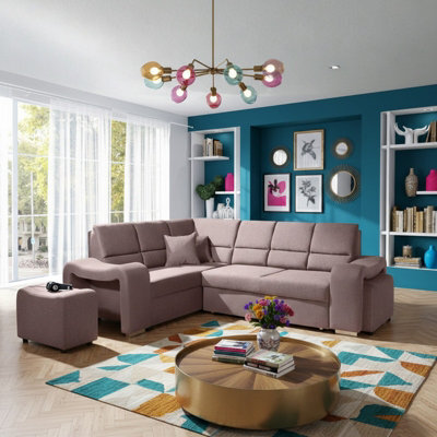 Wakiki Corner Sofa Bed With Two Ottomans Foam Wave Springs Wooden Frame Storage 260X96X190Cm Pink Left - image 1