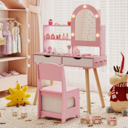 Gainoom Kids Pink Vanity Set Pretend Play Dressing Table Set W/ 3-Color Lighting Modes - thumbnail 3
