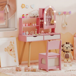 Gainoom Kids Pink Vanity Set Pretend Play Dressing Table Set W/ 3-Color Lighting Modes - thumbnail 4
