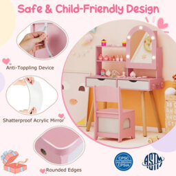 Gainoom Kids Pink Vanity Set Pretend Play Dressing Table Set W/ 3-Color Lighting Modes - thumbnail 9