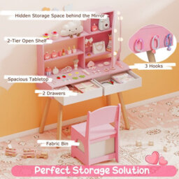 Gainoom Kids Pink Vanity Set Pretend Play Dressing Table Set W/ 3-Color Lighting Modes - thumbnail 8