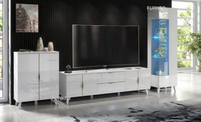 Furneo High Gloss & Matt White Living Room Set Tv Stand Display Cabinet Sideboard Azzurro 10/12/14 Blue Led Lights - image 1