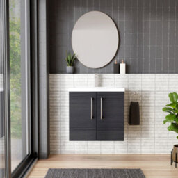Balterley Contemporary Bathroom Wall Hung 2 Soft-Close Door Vanity Unit & Mid-Edge Basin, Charcoal Black, 600 mm - thumbnail 2
