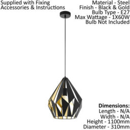 Stylish Black And Gold Geometric Hanging Ceiling Pendant Light 1X 60W E27 - thumbnail 2