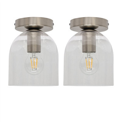 First Choice Lighting Set Of 2 Belten - Glass Cloche Satin Nickel Ceiling Light Fittings