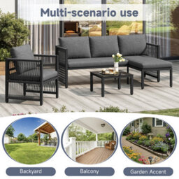 Abrihome Grey 4-5 Seater Garden Set With Polyester Rope Corner Sofa, Armchairs & Tempered Glass Table - thumbnail 4