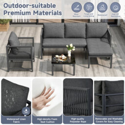 Abrihome Grey 4-5 Seater Garden Set With Polyester Rope Corner Sofa, Armchairs & Tempered Glass Table - thumbnail 2