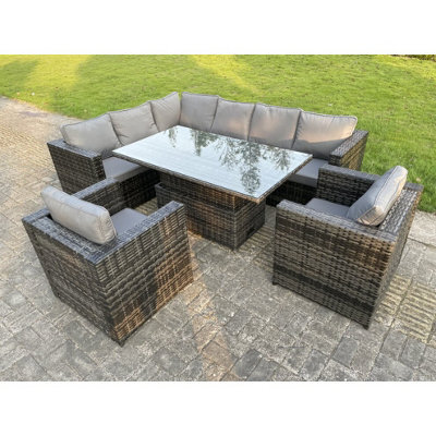 Fimous Dark Mixed Grey Corner Outdoor Pe Rattan Garden Furniture Sofa Set Rising Adjustable Lifting Dining Table 2 Chairs - image 1