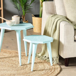 Beliani Nesting Side Tables Set Of 2 - Distressed Coastal Blue Mango Wood, Octagonal. - thumbnail 2