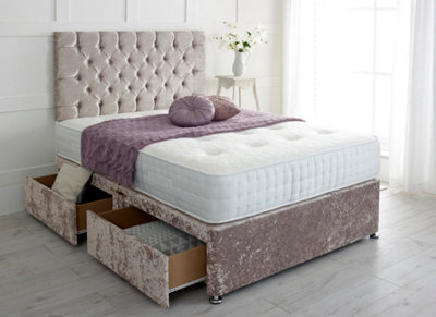 Adore Designs Chesterfield Crushed Velvet Divan Bed, With Pocket Mattress - 3Ft Single - Champagne - 2 Drawers Same Side - image 1
