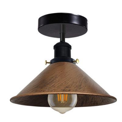 Vintage Ceiling Light Semi-Flush Mount With E27 22Cm Conical Lampshade For Kitchen Living Room Brushed Copper With Bulb