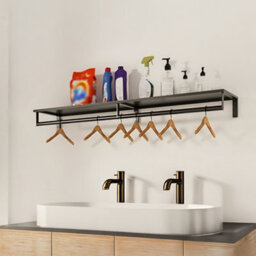 Living And Home Black Wall Mounted Bedroom Clothes Rack With Top Shelf - thumbnail 2