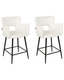 Wyld And Coco Brandlux Velvet Bar Chairs Set Of 2 White With Armrests And Metal Legs - 91Cm High - thumbnail 3