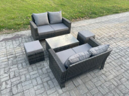 Fimous Wicker Rattan Garden Furniture Sofa Set With Coffee Table Double Seat Sofa 2 Small Footstool 6 Seater Outdoor Rattan Set - thumbnail 1