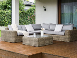 Beliani Garden Corner Sofa With Ottoman 6 Seater Palermo Modular Pe Rattan Light Brown - thumbnail 2