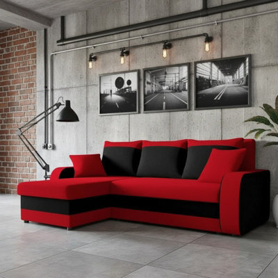 Kris M Corner Sofa Bed With Two Bedding Storage Compartments Polyurethane Foam Frame Plastic Legs 238X147X80Cm Red And Black - image 1
