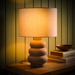 Valuelights Rochelle Natural Linen Drum Shade Grey Bubble Stack Ceramic Table Lamp And Bulb - thumbnail 3