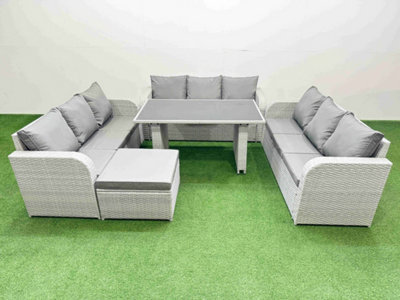 Fimous Patio Garden Furniture Sets With Black Glass Top Dining Table 3 Seater Sofa Big Stool Light Grey - image 1