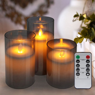 Long Life Lamps Company Set Of 3 Usb Rechargeable Led Wax Smoked Grey Glass Flameless Candles With Remote Control - image 1