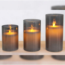 Long Life Lamps Company Set Of 3 Usb Rechargeable Led Wax Smoked Grey Glass Flameless Candles With Remote Control - thumbnail 3