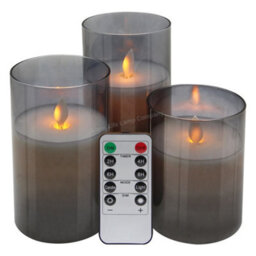 Long Life Lamps Company Set Of 3 Usb Rechargeable Led Wax Smoked Grey Glass Flameless Candles With Remote Control - thumbnail 5