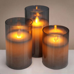 Long Life Lamps Company Set Of 3 Usb Rechargeable Led Wax Smoked Grey Glass Flameless Candles With Remote Control - thumbnail 4