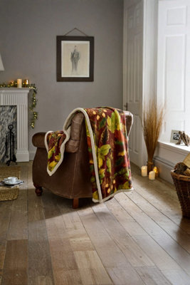 Deyongs Winter Leaves Throw Rust Cosy Sherpa Lined Leaf Print Blanket 130X170Cm - image 1