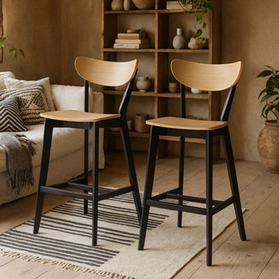 Wyld Haus Set Of 2 Saffron Bar Stools Natural Oak Veneer Seats, Matte Black Base - image 1