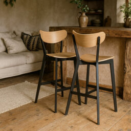 Wyld Haus Set Of 2 Saffron Bar Stools Natural Oak Veneer Seats, Matte Black Base - thumbnail 2