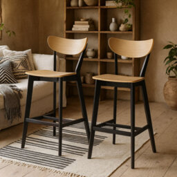 Wyld Haus Set Of 2 Saffron Bar Stools Natural Oak Veneer Seats, Matte Black Base - thumbnail 1