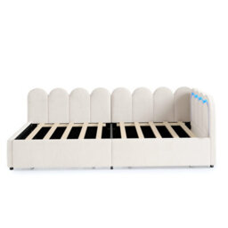 Abrihome 3Ft Single Daybed With Smart Rgb Led Lights And 2 Storage Drawers, Modern Velvet Youth Bed With Scalloped Backrest Beige - thumbnail 9
