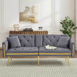 Btm Grey 2 Seater Sofa Bed, Adjustable Backrest, Gold Accents, Cup Holders, Convertible Sofa For Living Room Bedroom - thumbnail 9