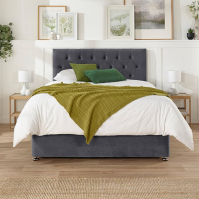 Aspire Olivier Divan, Plush Fabric, Strutted Headboard, 2 Drawers, Grey, King - image 1