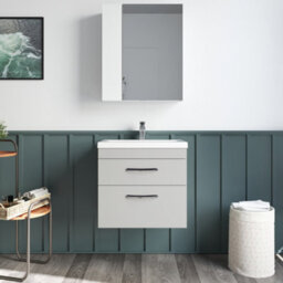 Balterley Rio 2 Drawer Wall Hung Vanity Basin Unit - 600mm - Gloss Grey Mist With Black D Handles (Tap Sold Separately) - thumbnail 3