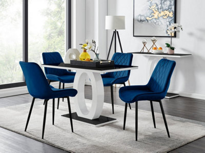Furniturebox Giovani Rectangular 4 Seat White High Gloss Unique Halo Base Dining Table Black Glass Top 4 Navy Velvet Black Leg Pesaro Chairs - image 1