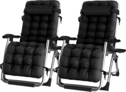 Groundlevel Pair Of Luxury Gravity Garden Sun Lounger / Relaxer Chair With Cushion - Black - thumbnail 1