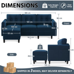 Yaheetech 3 Seater Upholstered Corner Sofa With Ottoman - Blue - thumbnail 3