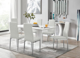Furniturebox Imperia White High Gloss 6 Seater Dining Table With Structural 2 Plinth Column Legs 6 White Stitched Faux Leather Milan Chairs