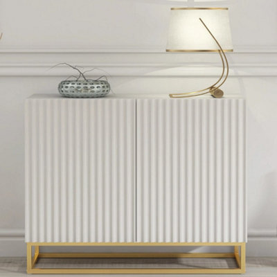 Tv Unit Tv Stand Sideboard Cabinet Media Console White Gold Fluted 100Cm - image 1