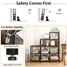 Gainoom Wooden Brown 9 Cube Bookcase 5 Tier Open Storage Cabinet Free Standing Anti-Toppling - thumbnail 8