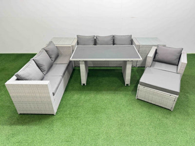 Fimous Patio Garden Furniture Sets With Black Glass Top Dining Table 3 Seater Sofa Armchair 2 Side Tables Big Stool Light Grey - image 1
