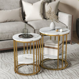 Homcom Marble-Effect Round Coffee Table Set Of 2 For Living Room, Gold Tone